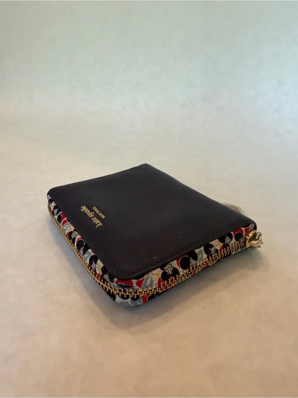 Kate Spade Navy Floral-Trim Zip Card Case with Key Ring
